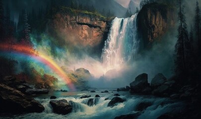 a painting of a waterfall with a rainbow in the middle.  generative ai
