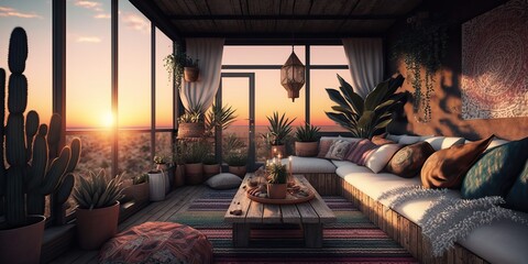 Boho chic terrace penthouse terrace with lots of cushions and ethnic prints at sunset , generative ai