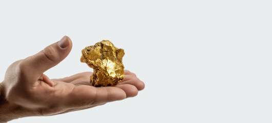 Large Gold Nugget held in a hand. Concept of Gold mining and prospecting. Isolated on white background with copy space. Illustrative Generative AI.