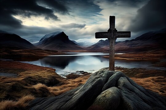 Celtic cross in a highlands Scotish landscape, generative AI