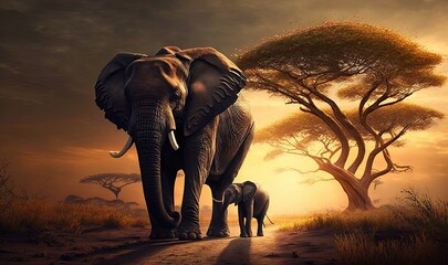Fototapeta na wymiar a large elephant and a baby elephant walking down a dirt road. generative ai