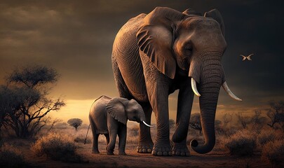 Fototapeta na wymiar a large elephant and a small elephant standing in a field. generative ai