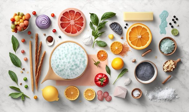  a variety of fruits and vegetables on a white table top.  generative ai