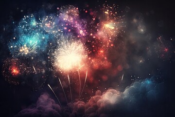 Fototapeta premium Fireworks at New Year's and an abstract holiday background with copy space. Generative AI