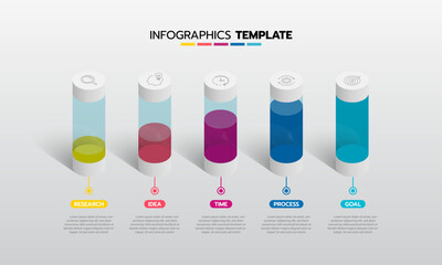 Business infographic template process with simple geometry square, rectangle, circle, triangle, curves in flat design template with thin line icons and 5 options or steps. Vector illustration.