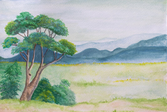 Landscape painting, trees and mountains, watercolor art, copy space