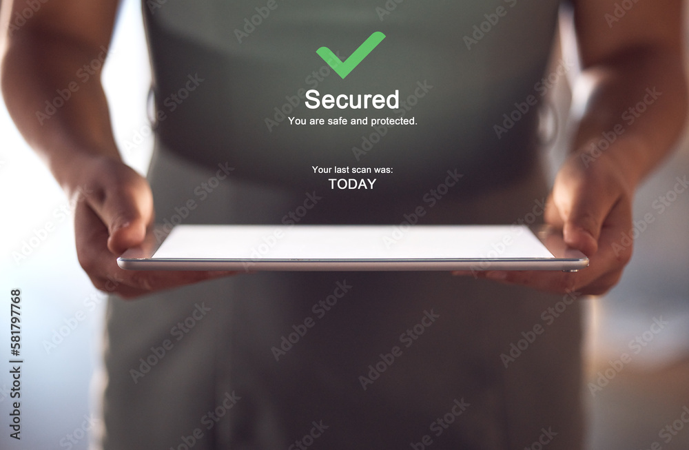 Poster hands, antivirus and tablet software update, man and screen mockup with firewall upgrade and safety 