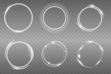 Set of light effect twirl, white trail wave. Curve light effect of white line. Luminous white circle.