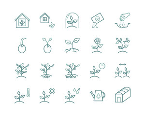Plant flat line icons set. Spring season, growing plant shoots, Agriculture and Gardening. Simple flat vector illustration for web site or mobile app.