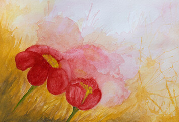 Watercolor painting, red flower, with golden yellow and white background, hand drawn art, copy space for text.