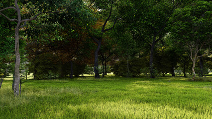 3d render nature environment landscape grass and trees backdrop illustration wall mural concept decoration 3d design background	