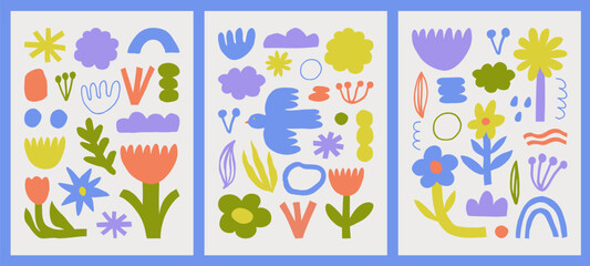 Trendy vector set of abstract pieces. Spring bloom. Hand drawn modern forms for card, print on clothes. Creative collage.