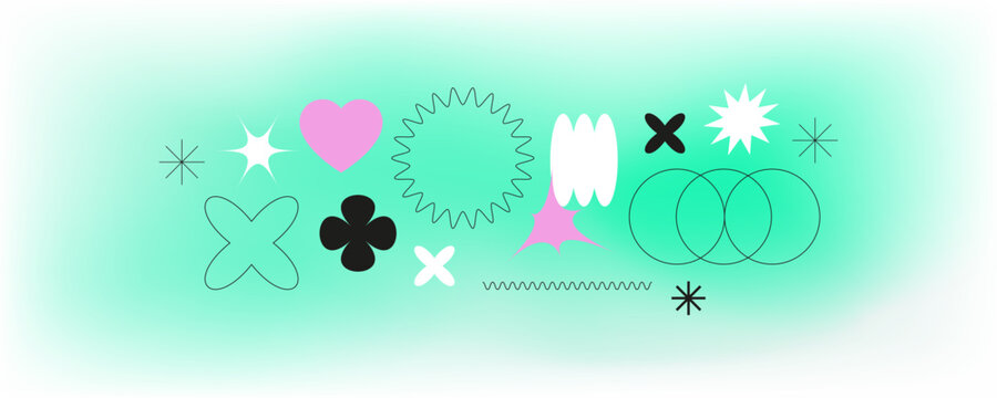 Set with different lines shapes.Trendy geometric brutalism forms, memphis elements. Simple shapes forms, symbols and frames y2k style.