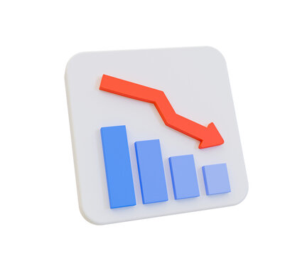 3d minimal data analysis icon. financial down. stock down. depreciation concept. bar graph with an arrow down. 3d illustration.