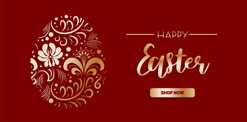 Happy easter. Egg with pattern in Russian Khokhloma style. Traditional botanical folk drawing. Horizontal vector banner. Gold on red. Vintage illustration For advertising, website, poster, sale flyer.