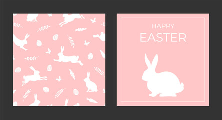 Easter design elements set. Happy Easter card and seamless pattern. Cute spring bunnies with butterfly, carrots, eggs, leaves and basic text. Vector illustrations on pink pastel background. 