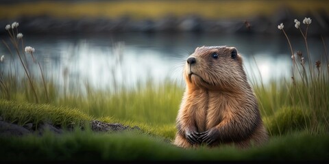 Beaver on a grassy meadow, captured with a shallow depth of field. Generative AI