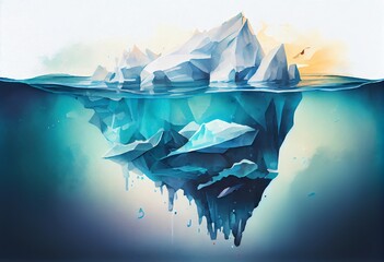 Watercolor Illustration of a Iceberg Concept, Underwater Risk, Dark Hidden Threat Or Danger Concept. Central Composition, Background, Illustration Digital Design Art Style. Generative AI