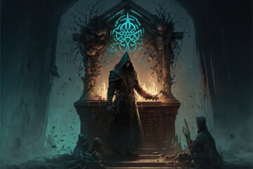 Fototapeta na wymiar Eerie and Spooky Cultist Altar to an Evil Entity or God, Concept Art, Digital Illustration, Generative AI