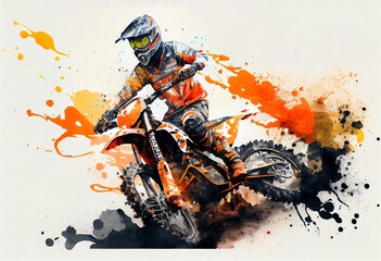 Fototapeta na wymiar Watercolor Illustration of a Motocross Rider, Ktm Dirtbike. Motorsport. Generative AI