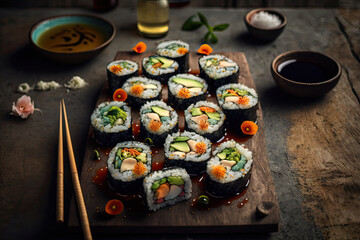 A delicious flat lay of vegan sushi rolls, featuring fresh cucumber and avocado slices wrapped in sushi rice and nori sheets | AI Generative - obrazy, fototapety, plakaty