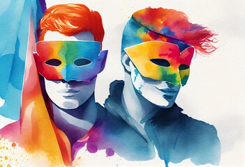 Watercolor Illustration of a Two Men Masked. LGBT colors. Generative AI