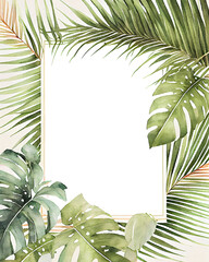 Watercolor painting of an ornament frame with tropical leaves border, generative AI