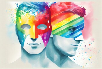 Watercolor Illustration of a Two Men Masked. LGBT colors. Generative AI