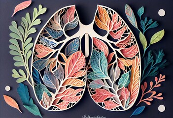 Fototapeta na wymiar Watercolor Illustration of a Paper Cut Lungs Bright Illustration. Quilled Medical Body Organ Papercut Design. Generative AI