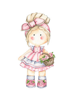 Watercolor hand drawn cute doll Tilda in dress.Hand drawn watercolor illustration isolated on white.Designf for baby shower party, birthday,cake, holiday celebration design, greetings card,invitation