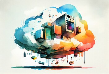 Watercolor Illustration of a Cloud Computing Concept Illustration. Generative AI