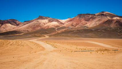 Fototapeta na wymiar Laguna Route in Bolivia, Sand Desert Formation and Salt Water Lake Lagoon, Travel Destination along Andean Cordillera, Altiplano