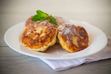 Sweet cooked cheesecakes in powdered sugar in a plate