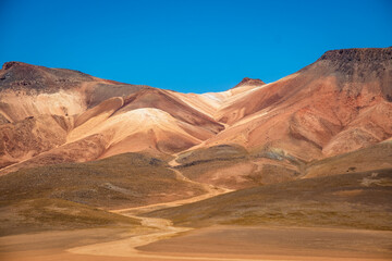 Fototapeta na wymiar Laguna Route in Bolivia, Sand Desert Formation and Salt Water Lake Lagoon, Travel Destination along Andean Cordillera, Altiplano