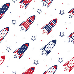 4th of July seamless pattern, rocket and stars on white background, Modern backgrounds for independence day illustration