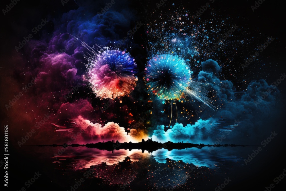 Canvas Prints Black sky with blue and colorful fireworks in the foreground. Generative AI