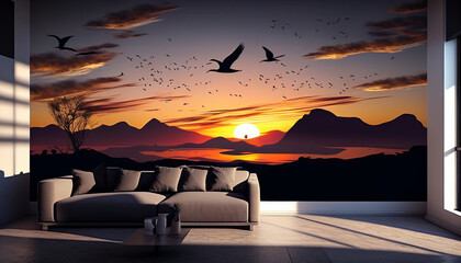 Fototapeta na wymiar A sunset with birds flying over the water and the sky is orange, Generative AI