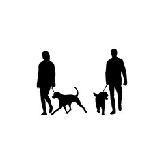 vector illustration of man walking with dog. silhouette of boy and girl walking with dog