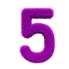 purple number 5 Fur 3D element render, Typography fluffy style