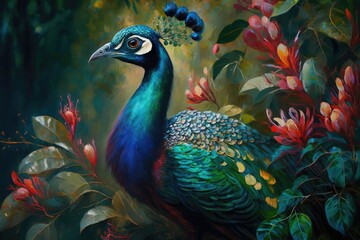 Fototapeta premium Colorful Peacock, High Quality oil painting on Canvas Hand Painted Modern Art Colorful Bird in the Jungle.