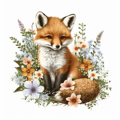 Obraz premium Cute Baby Fox Floral, Wildlife, Innocent, Playful, Charming, Spring Flowers, illustration ,clipart, isolated on white background