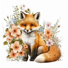 Obraz premium Cute Baby Fox Floral, Wildlife, Innocent, Playful, Charming, Spring Flowers, illustration ,clipart, isolated on white background