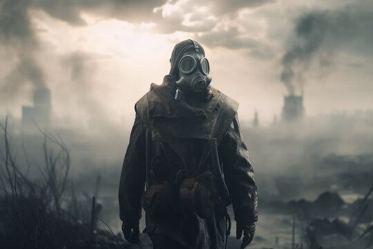 Post apocalyptic survivor in gas mask. Environmental disaster, armageddon concept. Generative ai.