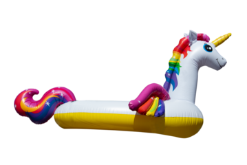 Inflatable pool ring in the shape of a unicorn isolated on transparent background