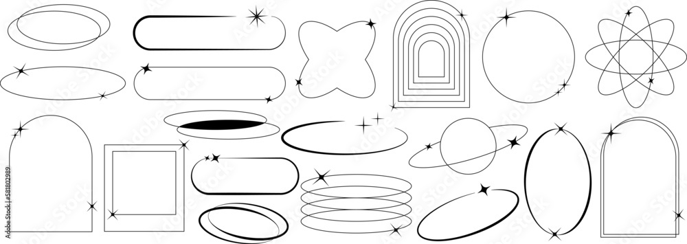 Poster Modern minimalist aesthetic linear frames. Retro stars, starburst icons and minimalist frames and borders with twinkle star. Oval frame figures with sparkles. Vector illustration EPS 10