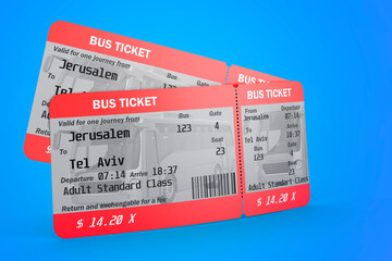 Bus tickets on blue background, 3D rendering
