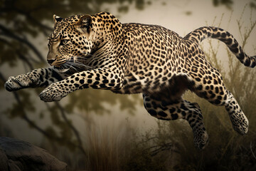 Fototapeta na wymiar Leopard in a jump. Generative AI.