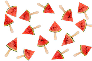 Photo of watermelon popsicles isolated on transparent background. Summer fruit slices pattern, png file