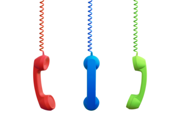 Colored phone receivers hanging, isolated on transparent background, png file