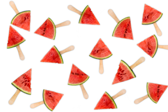 Photo of watermelon popsicles isolated on transparent background. Summer fruit slices pattern, png file